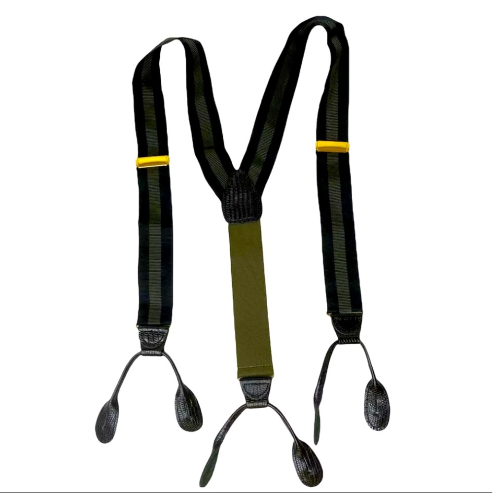VTG CAS Germany Blk Olive Green Striped Leather Elastic Button Tab Suspenders